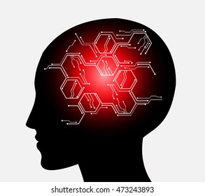 Neon human head. Cpu. red Circuit board. illustration. pixel. Abstract Technology background for computer graphic website internet and business. infographics. hexagon Cyber
