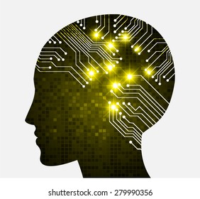 Neon human head. Cpu. yellow Circuit board. Vector illustration. pixel. Abstract Technology background for computer graphic website internet and business. infographics.