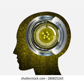 Neon human head. Cpu. yellow Circuit board. Vector illustration. Abstract Technology background for computer graphic website internet and business. infographics. pixel. digital logo.