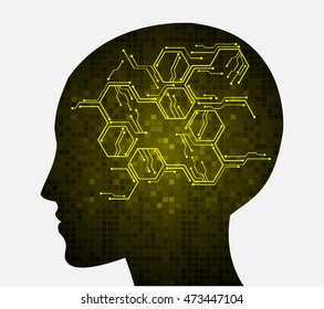 Neon human head. Cpu. yellow Circuit board. illustration. pixel. Abstract Technology background for computer graphic website internet and business.