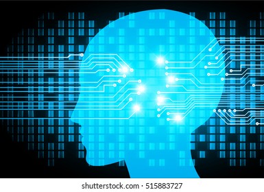 Neon human head. Cpu. yellow Circuit board. illustration. pixel. Abstract Technology background for computer graphic website internet and business. infographics. Cyber