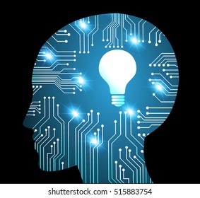 Neon human head. Cpu. yellow Circuit board. illustration. pixel. Abstract Technology background for computer graphic website internet and business. infographics. Cyber