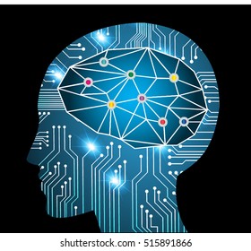 Neon human head. Cpu. yellow Circuit board. illustration. pixel. Abstract Technology background for computer graphic website internet and business. infographics. Cyber