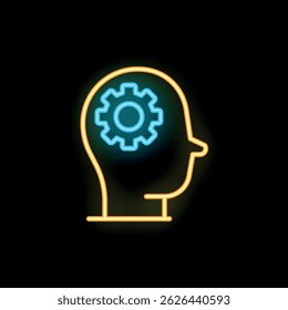 Neon human head with gear representing thinking process, problem solving and finding solutions