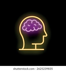 Neon human head silhouette with brain glowing inside on dark background, perfect for illustrating concept of thinking