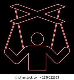 Neon human manipulation concept Puppet stick man manipulating on string Dependence theme Control people Management executive idea red color vector illustration image flat style light