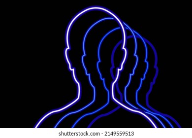  Neon human silhouette. One person neon light reflection, woman or man likeness. Vector illustration.