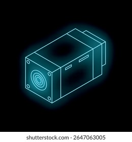 Ícone de bomba hidráulica neon brilhando sobre fundo preto, representando a potência e a eficiência na mecânica dos fluidos