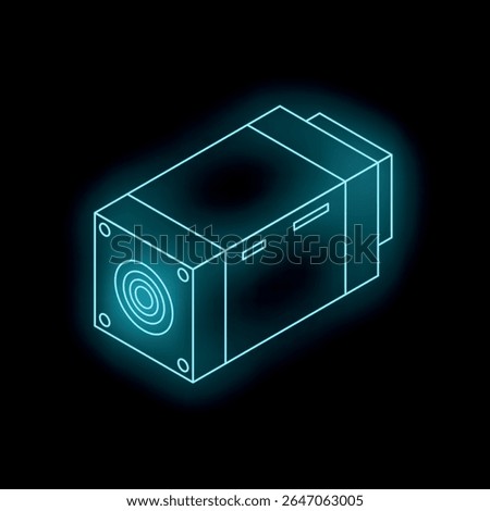 Neon hydraulic pump icon glowing on black background, representing power and efficiency in fluid mechanics