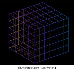 Neon hypercube, n-dimensional analogue of a square. Vaporwave/ synthwave style illustration, aesthetics of 80s-90s.