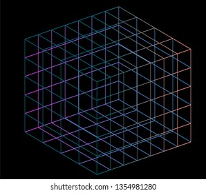 Neon hypercube, n-dimensional analogue of a square. Vaporwave/ synthwave style illustration, aesthetics of 80s-90s.