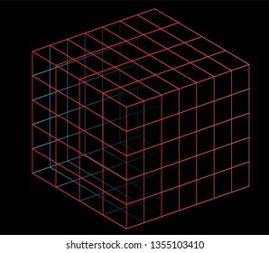 Neon hypercube, n-dimensional analogue of a square. Vaporwave/ synthwave style aesthetics of 80s-90s, virtual reality concept.