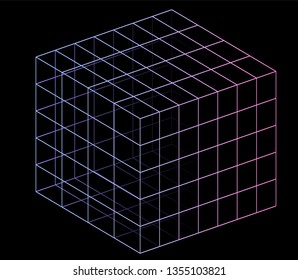 Neon hypercube, n-dimensional analogue of a square. Vaporwave/ synthwave style aesthetics of 80s-90s, virtual reality concept.