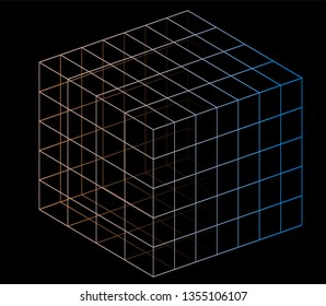 Neon hypercube, n-dimensional analogue of a square. Vaporwave/ synthwave style aesthetics of 80s-90s, virtual reality concept.