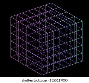 Neon hypercube, n-dimensional analogue of a square. Vaporwave/ synthwave style aesthetics of 80s-90s, virtual reality concept.
