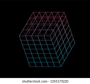 Neon hypercube, n-dimensional analogue of a square. Vaporwave/ synthwave style aesthetics of 80s-90s, virtual reality concept.