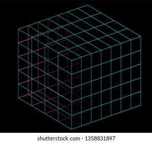 Neon hypercube, n-dimensional analogue of a square. Vaporwave/ synthwave style aesthetics of 80s-90s, virtual reality concept.