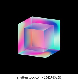 Neon hypercube, n-dimensional analogue of a square. Vaporwave/ synthwave style aesthetics of 80s-90s, virtual reality concept.