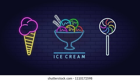 Neon ice cream, lolipop and candy light vector set illustration