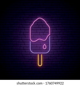 Neon Ice cream sign. Glowing neon ice cream emblem. Bright signboard, light banner. Vector illustration.