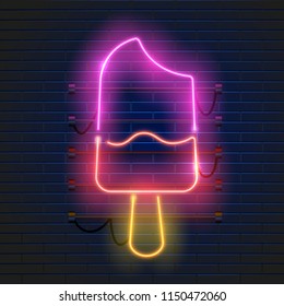 Neon ice cream sign on dark brick wall background. Glowing icecream advertising. Night club invitation. Vector illustration.