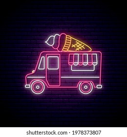 Neon Ice Cream Truck Sign. Glowing Ice Cream In Waffle Cone On Food Truck. Vector Illustration In Neon Style.