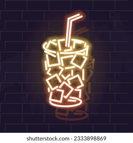 Neon iced coffee icon. Isolated cup silhouette on brick wall background.