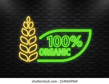 Neon Icon. 100 percent organic label. green eco badge. Sticker. Vector illustration