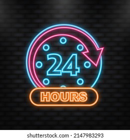 Neon Icon. 24 7 open on businnes banner on doors. Vector illustration