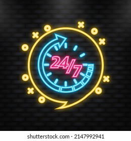 Neon Icon. 24 7 open on businnes banner on doors. Vector illustration