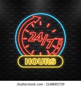 Neon Icon. 24 7 open on businnes banner on doors. Vector illustration