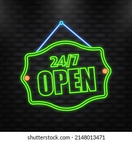 Icono Neon. 24 7 abiertos en una pancarta de negocios en las puertas. Ilustración del vector