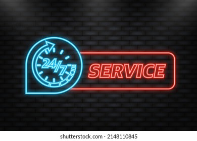 Neon Icon. 24 hours support in abstract style on white background. Customer service. Online support call center. Flat vector. Logo vector