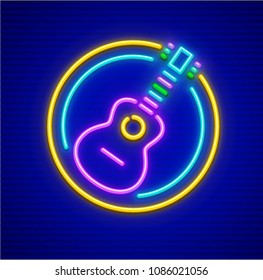 Neon icon of acoustic guitar. Musical instrument made of neon lamps with nighttime illumination. EPS10 vector illustration.