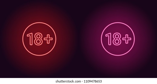 Neon icon of Age limit for Under 18. Red and pink vector sign of Restriction for Persons Under 18 years old consisting of neon outlines, with backlight on the dark background