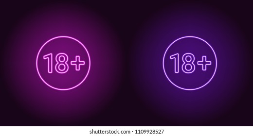 Neon icon of Age limit for Under 18. Purple and violet vector sign of Restriction for Persons Under 18 years old consisting of neon outlines, with backlight on the dark background