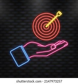 Neon Icon. Arrow hit goal ring with hand in archery target. Vector illustration.