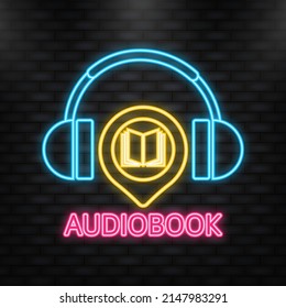 Neon Icon. Audio book in flat style on white background. Vector isometric design.