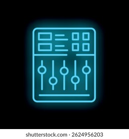 Neon icon of an audio mixer with faders and buttons glowing on a dark background, representing music production and sound engineering