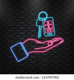 Neon Icon. Auto key with hand, great design for any purposes. Blue background. White background. Vector icon.