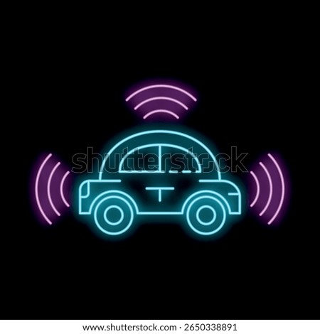 Neon icon of an autonomous self driving vehicle using sensors to navigate