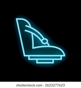 Neon icon of baby car seat shining on dark background