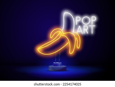 Neon icon of banana isolated on black background. Tropical, vegetarian food, summer concept for logo, banner.