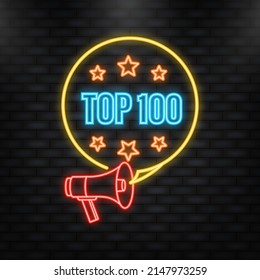 Neon Icon. Neon banner with Top 100 colorful label on dark background