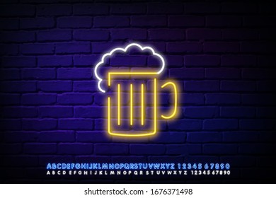 Neon icon for bar and night club Vector illustration White neon inscription Beer and white-yellow neon beer mug sign on dark brick wall background Trendy design and text effect