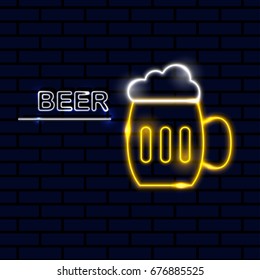 Neon icon for bar and night club Vector illustration White neon inscription Beer and white-yellow neon beer mug sign on dark brick wall background Trendy design and text effect