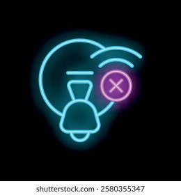 Neon icon of a bell with a wifi signal and a cross, signifying no notification