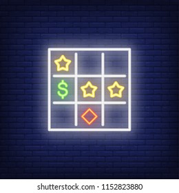 Neon icon of bingo card. Table with stars, diamond and dollar symbols on brick wall background. Lottery game concept. Can be used for neon signs, posters, billboards, banners.