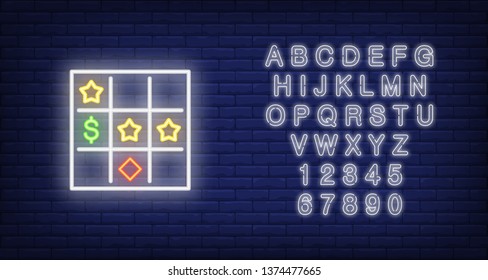 Neon icon of bingo card. Table with stars, diamond and dollar symbols on brick wall background. Lottery game concept. Can be used for neon signs, posters, billboards, banners.