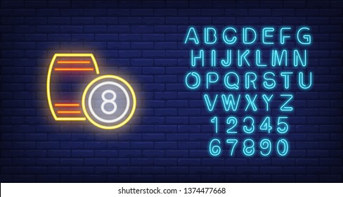 Neon icon of bingo kegs. Lotto barrels with figure of eight on brick wall background. Lottery game concept. Can be used for neon signs, posters, billboards, banners